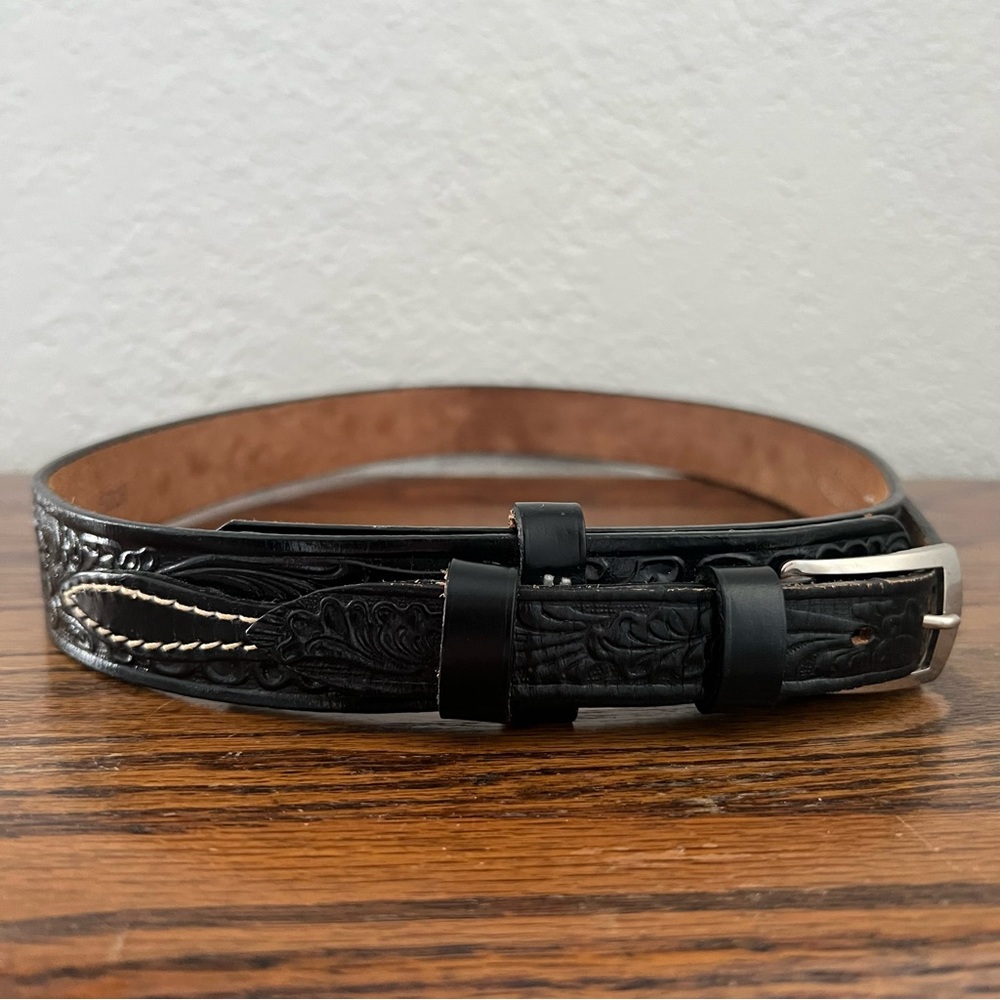 Justin Boots Black Embossed Textured Leather Top Grade Cowhide Belt